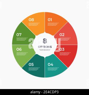 Infografik-Vorlage für Kreisdiagramme mit 8 Optionen. Stock Vektor