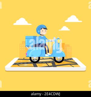 Lebensmittelzustellung per Roller mit Kurier. Mann Kurier Reiten Roller mit Paketkasten auf Handy und Stadt Hintergrund. Delivery Service App ein Stock Vektor