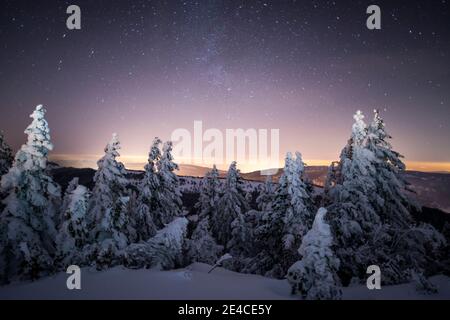 Weihnachtsstimmung, nachts unter den Sternen auf dem frisch verschneiten Berg Stockfoto