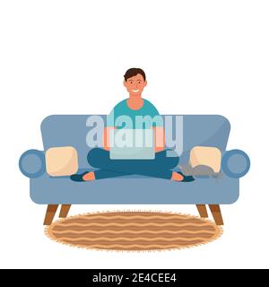 Glücklicher junger Mann auf dem Sofa mit Laptop sitzend, schlafende Katze in der Nähe isoliert auf weißem Hintergrund. Freiberufliche Arbeit, Online-Bildungskonzept. . Vektorillust Stock Vektor
