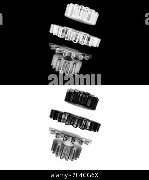 3D Rendering Umriss Set von Gear, Drahtmodell einer Gruppe von Gear, für Maschinenbau Konzept, Engineering Teamwork und Corporate Metapher, Business Stockfoto