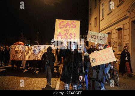 Ljubljana, Slowenien. Januar 2021. (ANMERKUNG DER REDAKTION: Bild enthält Obszönität) Protestierende halten Plakate, während sie während der Demonstration auf den Straßen von Ljubljana marschieren.Protest gegen die Vertreibung von Künstlern und sozialen Aktivisten aus einer ehemaligen Fahrradfabrik von Rog, die seit über einem Jahrzehnt als besetztes alternatives soziales und kulturelles Zentrum genutzt wird. Die Räumung, die Anfang dieser Woche stattfand, beinhaltete den Abbruch eines sozialen Zentrums für marginalisierte und sozial gefährdete Menschen sowie eines Ressourcen- und Integrationszentrums für Migranten. Kredit: SOPA Images Limited/Alamy Live Nachrichten Stockfoto