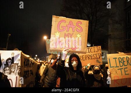 Ljubljana, Slowenien. Januar 2021. (ANMERKUNG DER REDAKTION: Bild enthält Obszönität) Protestierende halten Plakate, während sie während der Demonstration auf den Straßen von Ljubljana marschieren.Protest gegen die Vertreibung von Künstlern und sozialen Aktivisten aus einer ehemaligen Fahrradfabrik von Rog, die seit über einem Jahrzehnt als besetztes alternatives soziales und kulturelles Zentrum genutzt wird. Die Räumung, die Anfang dieser Woche stattfand, beinhaltete den Abbruch eines sozialen Zentrums für marginalisierte und sozial gefährdete Menschen sowie eines Ressourcen- und Integrationszentrums für Migranten. Kredit: SOPA Images Limited/Alamy Live Nachrichten Stockfoto