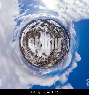 Deutschland, Thüringen, Gehren, Schlossgelände, Burgruine, Schnee, Übersicht, Luftbild, Kugelpanorama Kugelpanorama Stockfoto