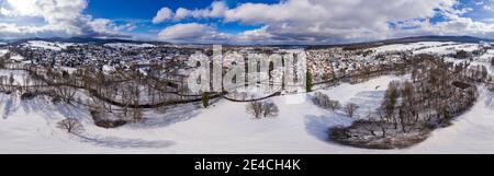 Deutschland, Thüringen, Gehren, Schlossanlage, Burgruine, Kirche, Schnee, Übersicht, Luftbild, 360 Grad Panorama Stockfoto