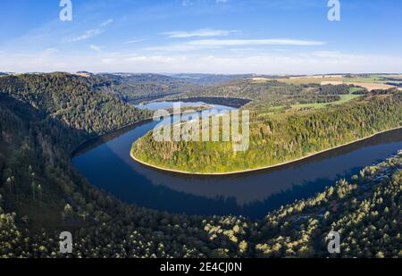 Deutschland, Thüringen, Altenbeuthen, Hohenwartestausee, Campingplätze Neumannshof, Altenroth, Droschkau, Wald, Stausee Loops, Luftaufnahme, Panorama Stockfoto