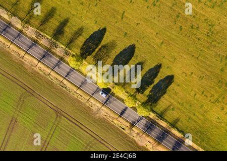 Deutschland, Thüringen, Großbreitenbach, Willmersdorf, Straße, Autos, Felder, Bäume, Baumschatten, Sidelight, Draufsicht, Luftaufnahme Stockfoto