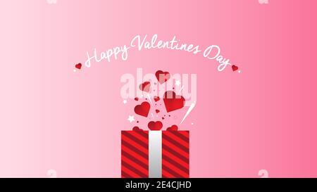 Valentinstag Zusammensetzung: Weiße Geschenkschachteln mit Schleife und roten Filzherzen, Foto-Vorlage, Hintergrund Stockfoto