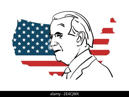 Bangkok THAILAND - Nov 5, 2020 : Handzeichnung von Joe Biden mit Flagge der Vereinigten Staaten, Gewinner der US-Präsidentschaftswahl. Stock Vektor