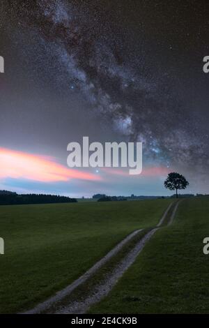 Traumlandschaft im Allgäu. Hügelige Landschaft mit einem einsamen Baum unter der Milchstraße - Änderung gemischt Tag und Nacht erschossen Stockfoto