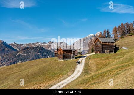 Hochabtei / Alta Badia, Provinz Bozen, Südtirol, Italien, Europa. Aufstieg zu den Armentara Wiesen. Hinter der Puez-Gruppe Stockfoto