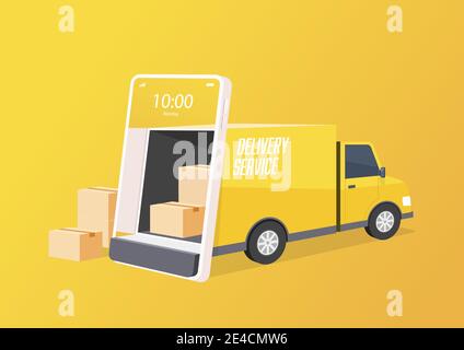 Der Lieferwagen öffnet die Tür über den Bildschirm des Mobiltelefons. Online-Delivery-Service-Konzept. Intelligente Logistik, Frachttransport und Gütertransport Stock Vektor