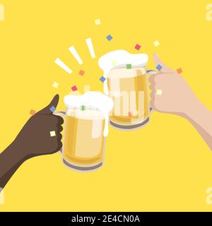 Schwarze und weiße Hände halten Biergläser, um gemeinsam zu feiern. Stock Vektor