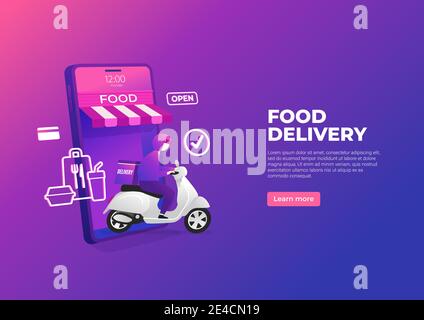 Food Delivery Service per Roller auf Handy-Banner. Online Essen auf dem Smartphone bestellen. Stock Vektor
