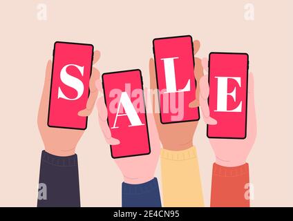 Hände halten Smartphones und zeigen VERKAUF. Online-Shopping mit Mobiltelefonen. Stock Vektor