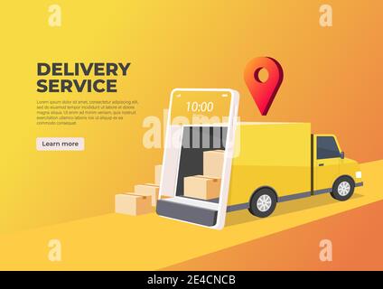 Der Lieferwagen öffnet die Tür über den Bildschirm des Mobiltelefons. Banner zum Online-Lieferservice. Intelligente Logistik, Frachttransport und Gütertransport Stock Vektor