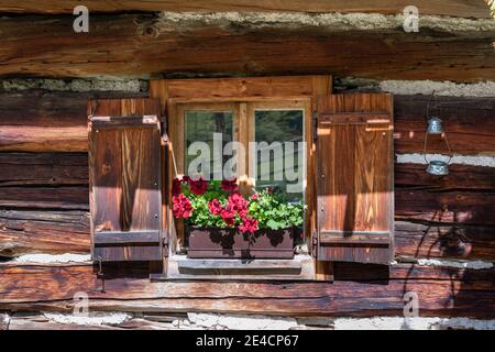 Tierers, Tierser Tal, Bozen, Dolomiten, Südtirol, Italien. Fenster des Haniger Schwaige Stockfoto
