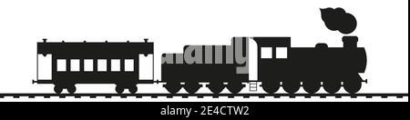 Retro-Zug. Antike Dampflokomotive mit Tender und Oldtimer. Schwarze Silhouette auf Weiß isoliert. Eisenbahn Transport Vektor Kunst. Stock Vektor