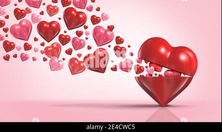Valentinstag und Valentinstag Urlaub mit rosa Herz-Designs als romantischer Gruß als 3D-Illustration. Stockfoto