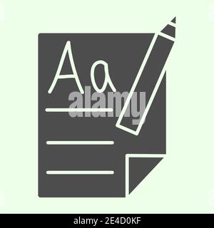 Schule Datei und Bleistift solide Symbol. Studieren Papier Blatt mit ersten Buchstaben Lernen Glyph Stil Piktogramm auf weißem Hintergrund. Ausbildung Zeichen für Stock Vektor