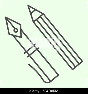 Symbol für dünne Linien des Tintenstifts. Bürobedarf mit Füllfederhalter und Bleistift skizzieren Stil Piktogramm auf weißem Hintergrund. Bildung und Schule Zeichen für Stock Vektor