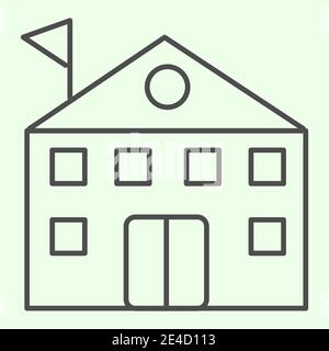 Schule Gebäude dünne Linie Symbol. Hohe Bildungseinrichtung mit Flagge auf oberen Umriss Stil Piktogramm auf weißem Hintergrund. Kenntniszeichen und Studienzeichen Stock Vektor