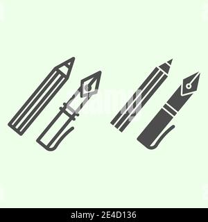 Tinte Stift Linie und durchgehende Symbol. Bürobedarf mit Füllfederhalter und Bleistift skizzieren Stil Piktogramm auf weißem Hintergrund. Bildung und Schule Zeichen für Stock Vektor