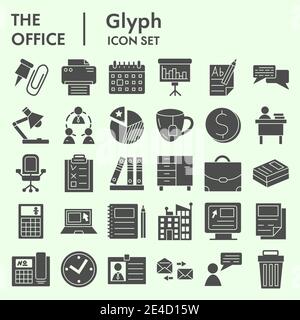 Office Solid Icon Set. Firmensymbole Sammlung oder Skizzen. Business-Zeichen für Web-und mobile Konzept, Glyph Stil Piktogramm-Paket isoliert auf Stock Vektor