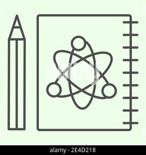 Science Notizblock Symbol für dünne Linien. Arbeitsmappe mit Atom-Symbol und Bleistift Umriss-Piktogramm auf weißem Hintergrund. Chemie und Medizin Zeichen für Stock Vektor