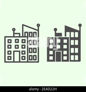 Bürogebäude Linie und solide Symbol. Urban Business Architektur skizzieren Stil Piktogramm auf weißem Hintergrund. Bürohochhäuser für mobiles Konzept Stock Vektor
