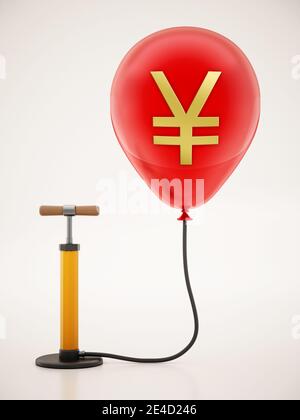 Manuelle Handpumpe mit dem aufgepumpten roten Ballon mit Yen-Symbol verbunden. 3D-Illustration. Stockfoto