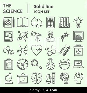 Science Line Icon Set, Research Symbols Set Sammlung oder Vektorskizzen. Technologie-Zeichen für Computer-Web, das lineare Piktogramm-Stil-Paket gesetzt Stock Vektor