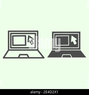 Laptop-Zeile und durchgehende Symbol. Büronotizbuch mit Cursor und Website auf Monitor-Umriss-Piktogramm auf weißem Hintergrund. Business-Laptop-Gerät für Stock Vektor