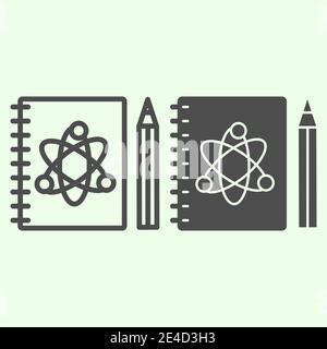 Science Notizblock Linie und durchgehende Symbol. Arbeitsmappe mit Atom-Symbol und Bleistift Umriss-Piktogramm auf weißem Hintergrund. Chemie und Medizin Zeichen Stock Vektor