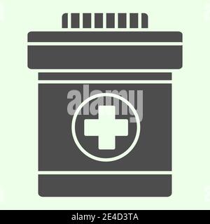 Symbol für die feste Medikamentenflasche. Flasche mit Kreuz für Pillen oder Vitamine Glyphe Stil Piktogramm auf weißem Hintergrund. Chemie und Medizin Zeichen für mobile Stock Vektor