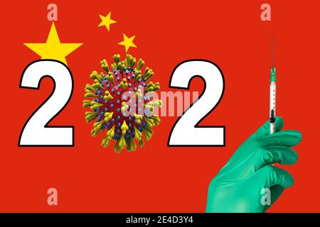 corona-Impfung 2021 vor einer chinesischen Flagge. Stockfoto