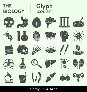 Biologie solide Icon Set, Wissenschaft und Gesundheit Symbole Set Sammlung oder Vektor-Skizzen. Menschliche Körper Zeichen für Computer-Web gesetzt, die Glyphe Piktogramm-Stil Stock Vektor