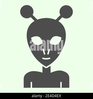 Alien Solid-Symbol. Außerirdischer Ausländer mit ovalem Gesicht und großen Augen Glyphen Stil Piktogramm auf weißem Hintergrund. Erkundungszeichen für mobile Geräte Stock Vektor