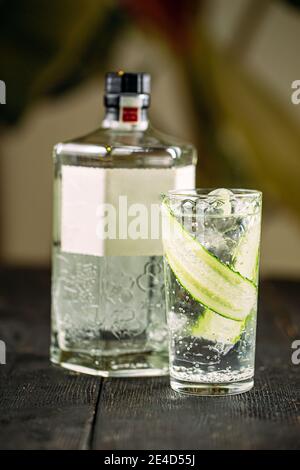 Frischer Gin Tonic Cocktail mit Gurke im Glas Stockfoto