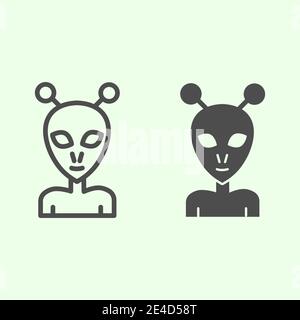 Alien-Linie und durchgehende Symbol. Außerirdischer Ausländer mit ovalem Gesicht und großen Augen umreißen Stil Piktogramm auf weißem Hintergrund. Explorationszeichen für Stock Vektor