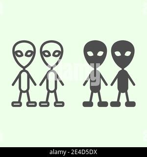 Kosmische Fremde Linie und solide Symbol. Zwei außerirdische Außerirdische martian skizzieren Stil Piktogramm auf weißem Hintergrund. Exploration Raum Zeichen für Stock Vektor