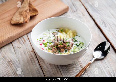 Russische Okroshka-Suppe mit Rindfleisch und Gemüse Stockfoto