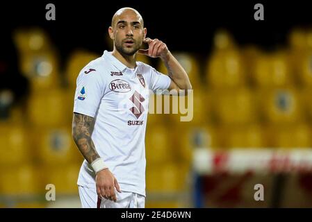 Torinos italienischer Stürmer Simone Zaza gesticulieren während des Fußballspiels der Serie A Benevento gegen Torino. Benevento und Torino zeichneten 2-2 Stockfoto