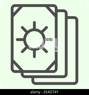 Zeilensymbol für Tarot-Karten. Oracle Card Stack mit Sun Circle Image Outline Piktogramm auf weißem Hintergrund. Okkulte, Hexerei magisches Werkzeug für mobile Stock Vektor