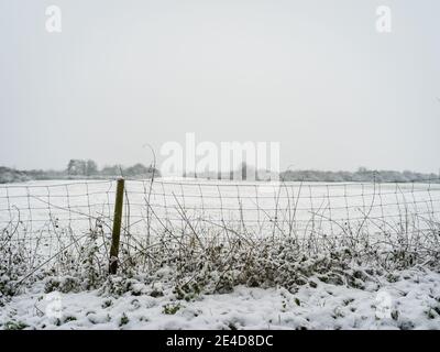 Zaun vor schneebedeckten Feldern an einem bewölkten Januarmorgen. Stockfoto