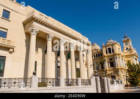 Neoklassizistisches Gebäude der Banco de España, Malaga, Costa del Sol. Andalusien. Südspanien, Europa Stockfoto