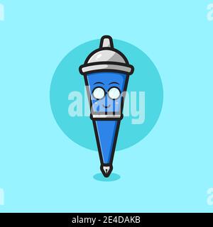 Niedlichen Stift Charakter tragen Brille Cartoon Vektor Symbol Illustration. Objektsymbol Konzept isolierter Vektor. Flacher Cartoon-Stil Stockfoto