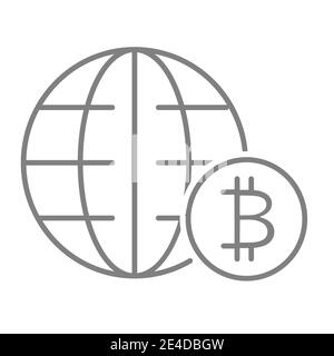 Symbol für die Weltwirtschaft mit schmaler Linie. Globus und Bitcoin Zeichen Vektor-Illustration isoliert auf weiß. Global Economy Outline Style Design, entwickelt für Web und Stock Vektor