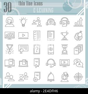 E-Learning dünne Linie Icon-Set, Bildung Symbole Sammlung, Vektor-Skizzen, Logo Illustrationen, Studie Zeichen lineare Piktogramme Paket isoliert auf Stock Vektor