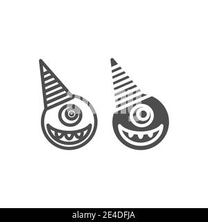 Runde ein Auge Monster in Party Hut Linie und Glyphe-Symbol. Halloween Monster Vektor Illustration isoliert auf weiß. Design im Kreatur-Outline-Stil Stock Vektor